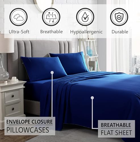 American Home Collection Queen Size Sheet Set - 16-Inch Deep Pocket - Ultra Soft Microfiber Bed Sheets - Breathable, Wrinkle and Fade Resistant, Easy Care - 4 Piece Set (Queen, Navy)