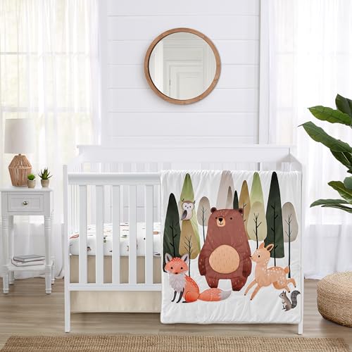 Image of Sweet Jojo Designs 3-Piece Baby Crib Bedding Set (Woodland Animals) for Boys or Girls, Infants/Nursery incl. Blanket, Fitted Sheet and Crib Skirt (Neutral Theme, Woods, Forest Animal, Bear, Deer Fox)