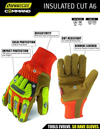 Ironclad Insulated Leather Cut A6; Winter Work Gloves, Tpr Impact Protection, Machine Washable, High-Visibilty, (1 Pair), Iex-Hvip5-04-L #TOP4