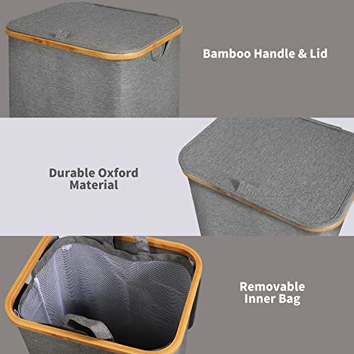 Efluky Large Laundry Basket With Lid, 100L Tall Laundry Basket With Bamboo Handles For Clothes And Toys Storage, Freestanding Collapsible Laundry Hamper With Inner Bag For Bedroom And Bathroom, Grey #TOP4