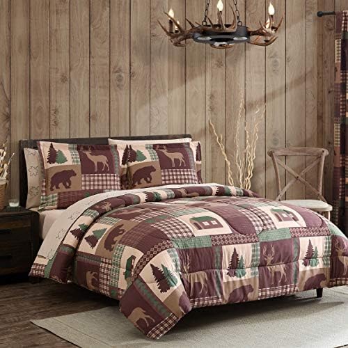 How Plumb Aubrie Home Accents Cozy Cabin 7-Piece Queen Comforter Microfiber Bed-in-A-Bag Bedding and Sheet Set with Deep Pockets Rustic Patchwork Plaid Deer, Brown Tan Green