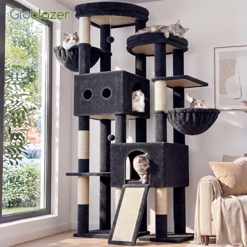 Image of Globlazer Sturdy Cat Tower for Indoor Cats 20lbs, 76in, S76E, Dark Grey | Heavy Duty Cat Tree for Adult Big Cats Maine Coon with Scratching Post, 2 Extra Large Top Perch, 2 Padded Cat Condos