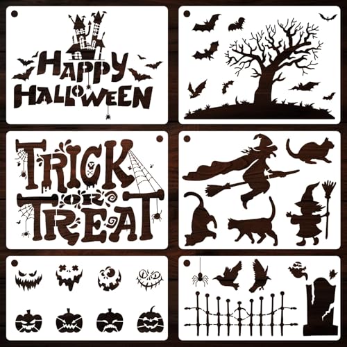 YKW Halloween Stencils 6 Pack Large 9.6x7 9.6x5 Inch Reusable Spooky Templates for Painting Wood Signs Fabric Trick Treat Decorations