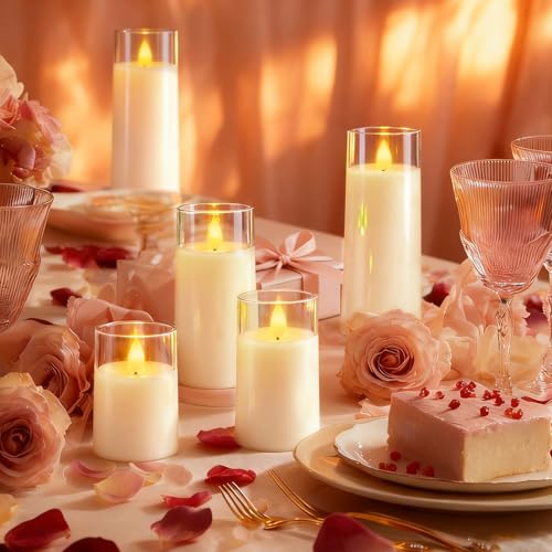 Image of Raycare Flameless Candles Battery Operated with Remote Timer, Acrylic Flickering LED Pillar Candle for Valentine's Day, Home Decor, Gift for Family and Friend, White, Set of 5 | LED Acrylic 3D Flickering Realistic Glow for Christmas Gift, Weddings, Mantels, Fall Home Decor, Halloween, Family, Set of 5