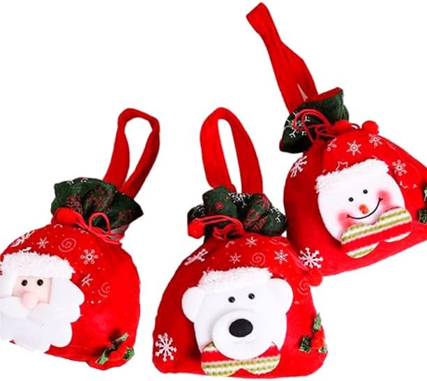 AUTOYSUR 3Pcs Christmas Gift Bags Drawstring Pouch with Handle, Children Xmas Gifts Candy Stocking Bag, 3D Santa Claus Bear Snowman Christmas Candy Bag Xmas Tree Decor Xmas Party Supplies (3PCS)