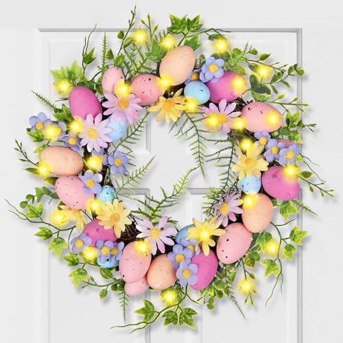 Easter Egg Wreath for Front Door - Pastel Eggs & Daisy Decor Porch Window Spring Wreaths with Fern Foliage Indoor Outdoor Decor for Easter Holiday Celebrations Decorations