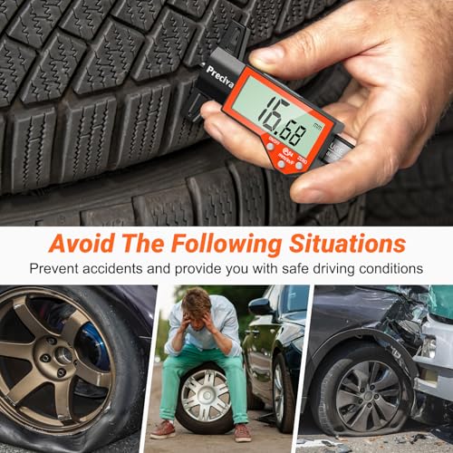 Image of Preciva Tire Tread Depth Gauge, Digital Tire Depth Gauge with Large LCD Display and Inches, Millimeters, Fraction Conversion, Tread Depth Gauge Suitable for Thread Depth, Brake Shoe and Pad Wear