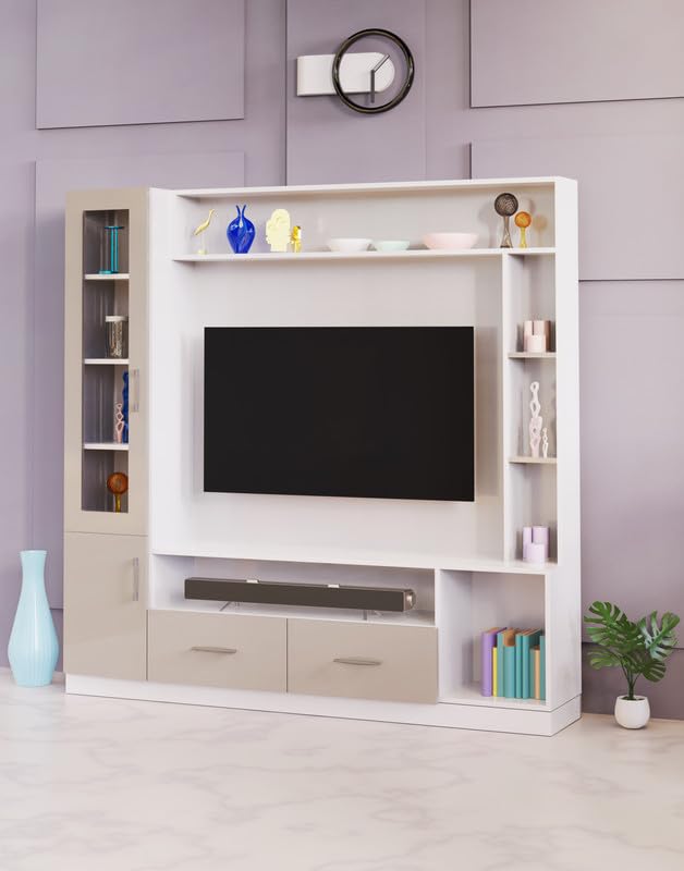neehv home elite engineered wood tv unit | modern entertainment center with storage shelves | stylish tv cabinet for living room decor - frosty white and uv glossy mocha brown color