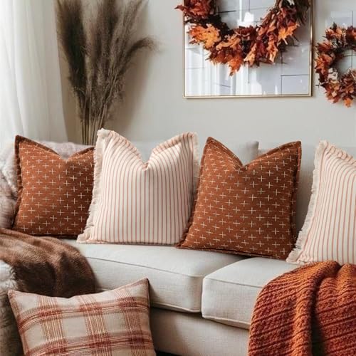 Image of ZWJD Fall Pillow Covers 18x18 Set of 2 Striped Pillow Covers with Fringe Chic Cotton Decorative Pillows Square Cushion Covers for Sofa Couch Bed Living Room Farmhouse Fall Decor, (Burnt Orange)