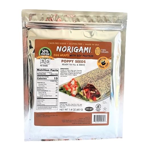 Norigami Non-GMO Gluten-Free Soy Wraps Poppy Seeds (10 Wraps), Low Carbs, High Protein, Vegetarian, Ready To Fill And Serve Wraps, Thin And Healthy Wraps (2 Pack)