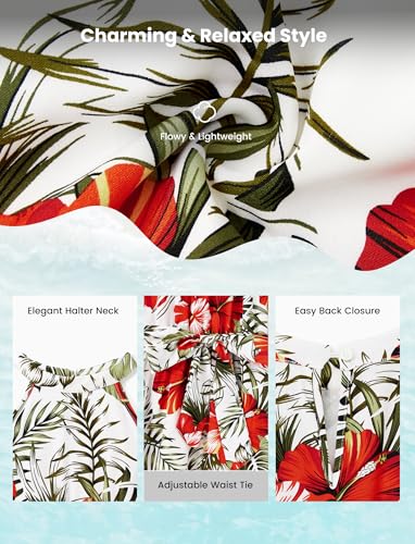 Image of PATPAT Hawaiian Family Outfits Matching Sets Mommy and Me Beach Dresses Tropical Print Floral Halter Maxi Dress Matching Luau Outfits for Couple Boho Vacation Red Flower Halter Sundresses for Women L