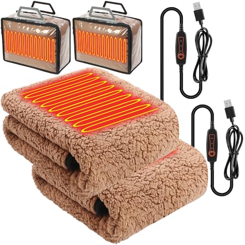 Tuanse 2 Pcs USB Heated Blanket 25'x 35' Heated Car Blanket 5V Portable USB Electric Throw 3 Heat Setting Electric Throw with Timer Temperature Controller for Car Winter Home Office(Khaki,Lambswool)