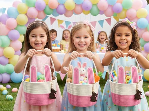 Image of Pro Goleem Easter Basket for Kids, Adorable Woven Egg Hunt Bucket with Handle, Soft First Easter Gift Tote Bag, Nursery Toy Storage Bin with Tag(Pink)