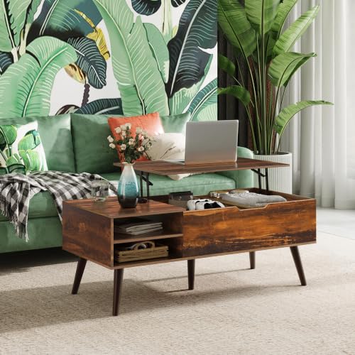Image of WLIVE Lift Top Coffee Table with Hidden Storage, Adjustable Shelf, Brown | Mid Century Modern Wooden Coffee Table, for Dining /Living Rooms /Offices; 47.2 inchW x 21.7 inchD x 18.5 inchH
