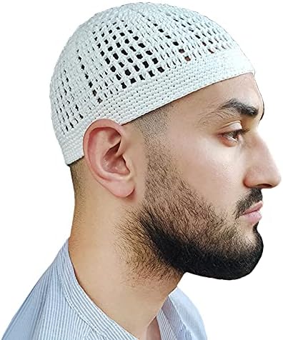 White Kufi Hat Tight & Loose Weave Mix Crocheted Comfortable Cotton Muslim Kufi Topi Skull Prayer Cap