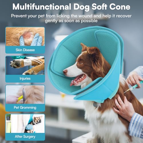 Image of Dog Cone, Soft Cone for Large Dogs After Surgery, Comfy Dog Cone | Dogs Cones to Stop Licking, Adjustable Soft Dog Cones Collar, Elizabethan Pet E-Collar for Wound Healing, LightBlue,L