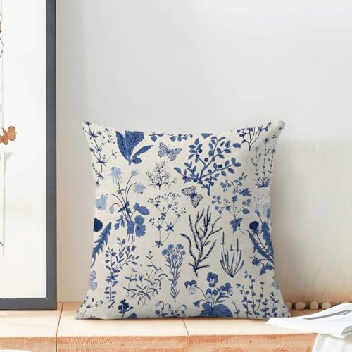 Image of AEIOAE Summer Pillow Covers 24x24 Inch Set of 2,Navy Blue Wild Flower Plant Throw Pillows Case,Seasonal Floral Outdoor Decorative Square Linen Farmhouse Decor Cushion Covers for Home Couch Sofa Bed