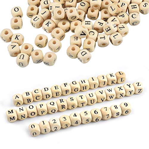 Fodlon 200 Pcs Perles Lettres en Bois Perles Chiffres, Spacer Alphabet Perles Cube Naturel Bois, A à Z/ 0 à 9 Perles pour Bijoux, Bricolage Bracelets, Chaînes de Jouet d'Enfan, 10 mm