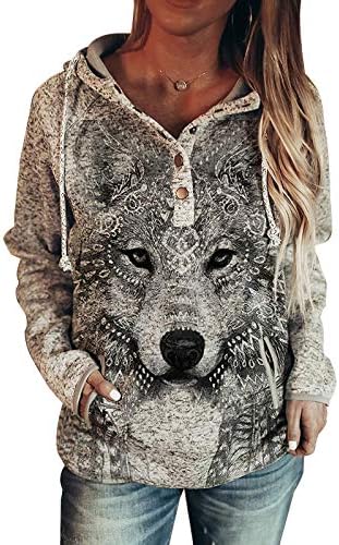 Akivide Pullover Wolf Hoodies for Women Women's Animal Print Casual Button Hooded Sweater (Grey, S)