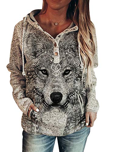 Akivide Pullover Wolf Hoodies For Women Women's Animal Print Casual Button Hooded Sweater (Grey, S) #TOP30