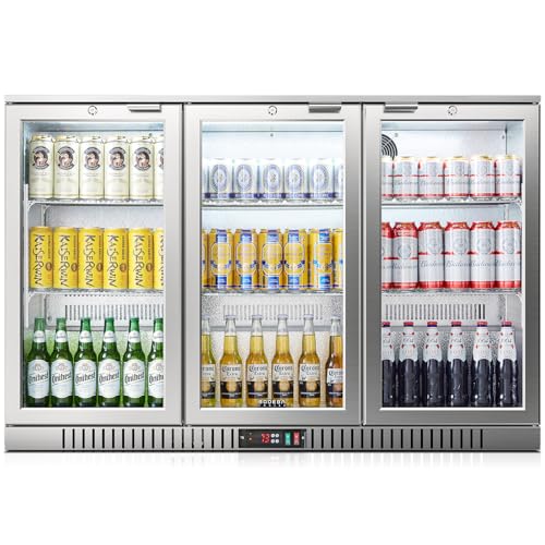 Image of BODEGA BODEGACOOLER Back Bar Cooler, 11.4 Cu.Ft Stainless Steel Commercial Bar Fridge with 3 Glass Doors,Counter Height Bar Beverage Cooler with LED Lighting for Beer,Soda Drinks,Wine