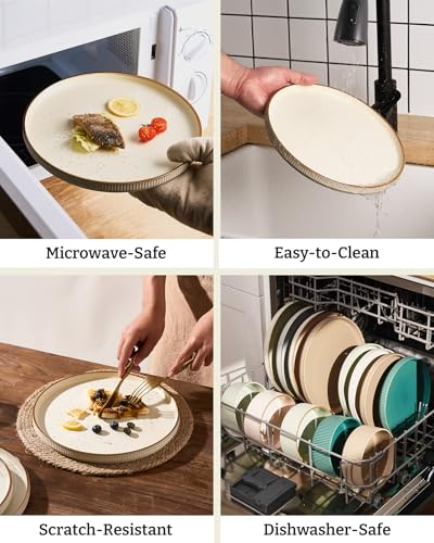 Image of Famiware Stoneware Dinnerware Set for 4 with Pasta Bowls, Dishes with Trim | Cream, 16 pcs creamic double bowls & flat plates, chip & scratch resistant, microwave & dishwasher safe, everyday formal use