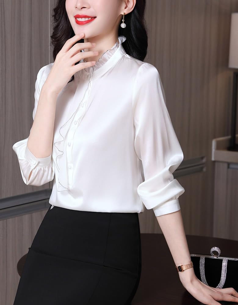 DISSA Blusa de seda para mujer, cuello alto, blusa de manga larga, camisa de seda con volantes, S9223