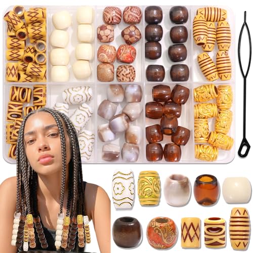 NAISKA 90PCS Wood Hair Beads 10 Styles Beads Sets African Wooden Braids Beads Acrylic Hair Tube Bead Loc Dreadlock Jewelry Hair Accessories for Women