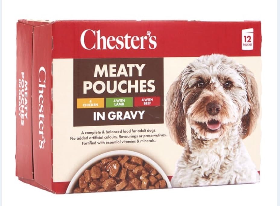 Chesters Meaty Dog Food 12 Pouches 1.2kg - Gravy - Beef, Lamb, Chicken