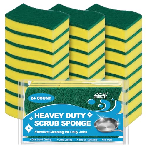 HOMEXCEL Sponges Kitchen 24pcs Heavy Duty for Dishes, Yellow Scrub Cleaning Sponge for Non-Coated Cookware, Dishes, Pots, Pans, Dual Sided Dish Sponge for Kitchen, Household, Bathroom