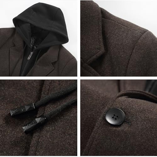 Image of PRIJOUHE Men's Wool Coat Hoodie Long Trench Coat Cotton Casual Woollen Overcoat Jacket