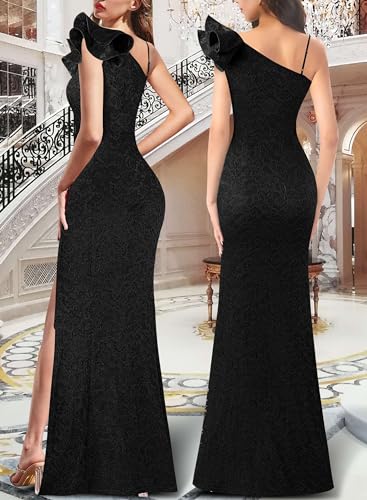 Image of VFSHOW Womens Ruffle One Shoulder Strap Ruched Formal Prom Wedding Maxi Dress V Neck Elegant Split Cocktail Evening Long Gown