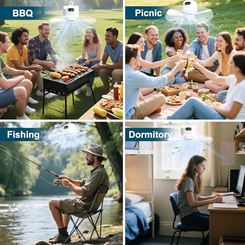 Image of 10.6 Inch Portable Camping Fan with Light, 8000mAh Rechargeable Tent Fan | Battery Operated Ceiling Fan with Remote Control and Hanging Hook,Detachable Fan Blade,for Tent Canopy RV Porch Bedroom