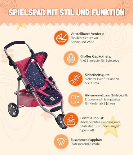 Bayer Chic 2000 - Passeggino Per Bambole Lola, Carrozzina Per Bambole Fino A Circa 50 Cm Di Dimensioni, Passeggino Da Jogging, Passeggino Per Bambole, Coriandoli Rosa - 3