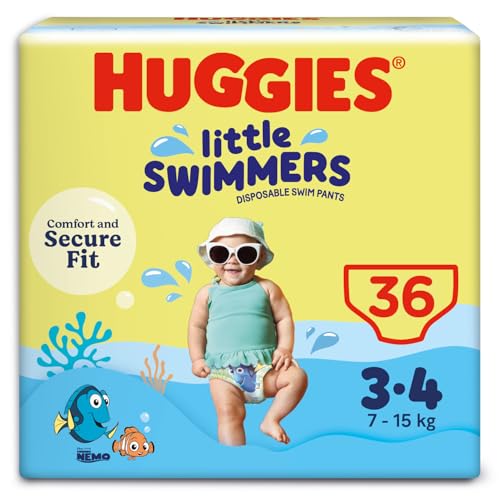 Huggies Maillots de bain jetables pour bébés, Taille 3-4 (7-15 kg), 36 couches-culottes, Paquet de 3 x 12 couches-culottes, Unisexe, Maxi pack, Petits nageurs