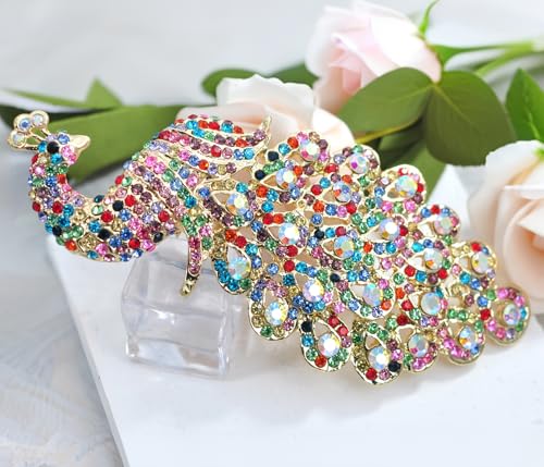 Image of Gyn&Joy 5 Inch Art Gorgeous Peacock Austrian Crystal Rhinestone Brooch Pins