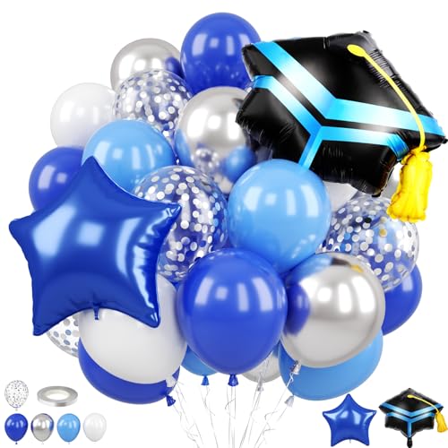 Image of Blue Silver Graduation Balloons, Royal Light Blue Silver White Confetti Balloons, Cap Star Grad Foil Balloon for 2026 Graduation Decorations Celebration Party Supplies