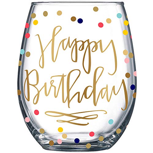 14K Gold Leaf Happy Birthday Colored Party Dots 19oz Stemless Wine Glass