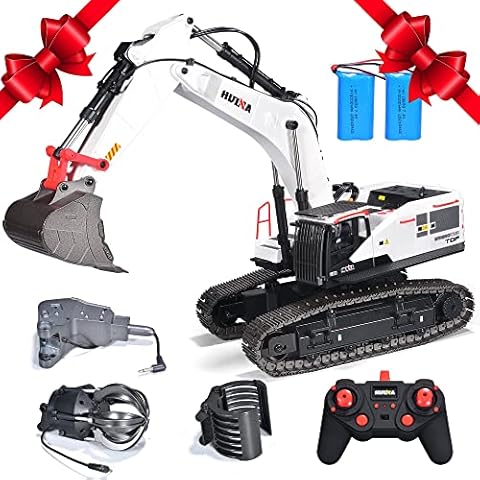 HUINA 1594 RC Excavators for Adults Metal 1:14 Scale Professional Digger Construction Vehicle Hobby Gift Remote Control Tractor Crawler Toy Lights Sounds – 4 attachments and 2 Batteries Cover