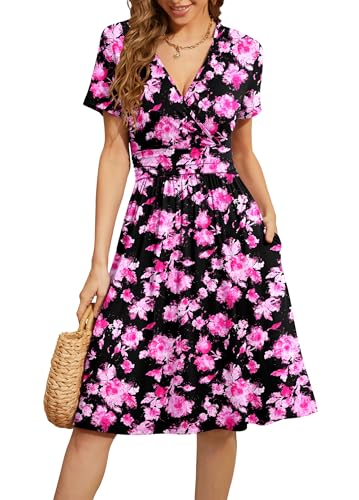 Image of WEACZZY Women's Summer Short Sleeve Casual Dresses V-Neck Floral Party Dress with Pockets