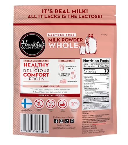 Healthier Comforts Lactose Free Whole Milk Powder | Non-GMO, rBST Hormone Free, Kosher, Gluten Free, No Fillers | Baking, Coffee Creamer, Shakes, Pantry Staple, Camping | Makes 14 cups (7 oz)
