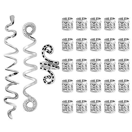 28 piezas de pinzas para rastas, joyería para el cabello para mujer, trenzas plateadas, cuentas para el cabello, bobinas en espiral, accesorios para rastas, cuentas, trenzas, anillos