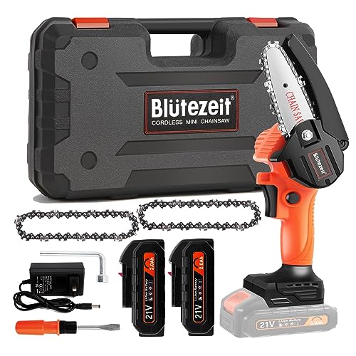 Blütezeit Mini Chainsaw, 21V Battery Powered Electric Chainsaw, Small Handheld Portable Chain Saw Rechargeable for Wood Cutting, Branch Pruning, Tree Trimming (2 Batteries & 2 Chains Included)