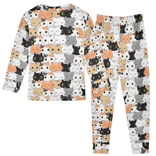 Cat Cartoon Pajamas Long Sleeve Sleepwear 2-Piece Pajama Set