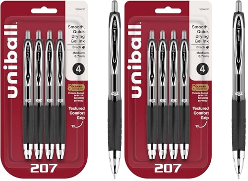 Image of Uni-Ball 207 Retractable Gel Pens,Medium Point (0.7mm),Black,4 Count (Pack of 2)