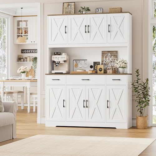 HOSTACK 71" Tall Kitchen Pantry Storage Cabinet with Charging Station, 55" Wide Kitchen Hutch Cabinet with Large Countertop, Farmhouse Food Pantry with Drawers for Living Room, White