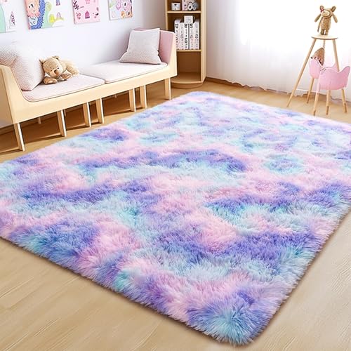 2x6 Fluffy Runner Rug - Non Slip Blue Rainbow Tie-dye Rug for Living Room - Cute Indoor Floor Rug for Girls Room