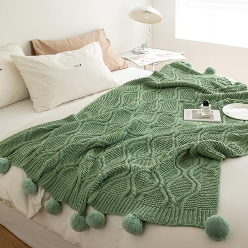 LLanCL Knitted Throw Blanket with Pompoms, Ultra...