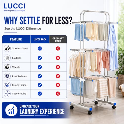 Image of LUCCI Premium Heavy Duty Foldable Stainless Steel Cloth Drying Stand, 3 Tier | Mirror Finish | Portable Laundry Rack | Clothes Dryer Stand with Wheels | Foldable, Movable & Space-Saving Drying Rack