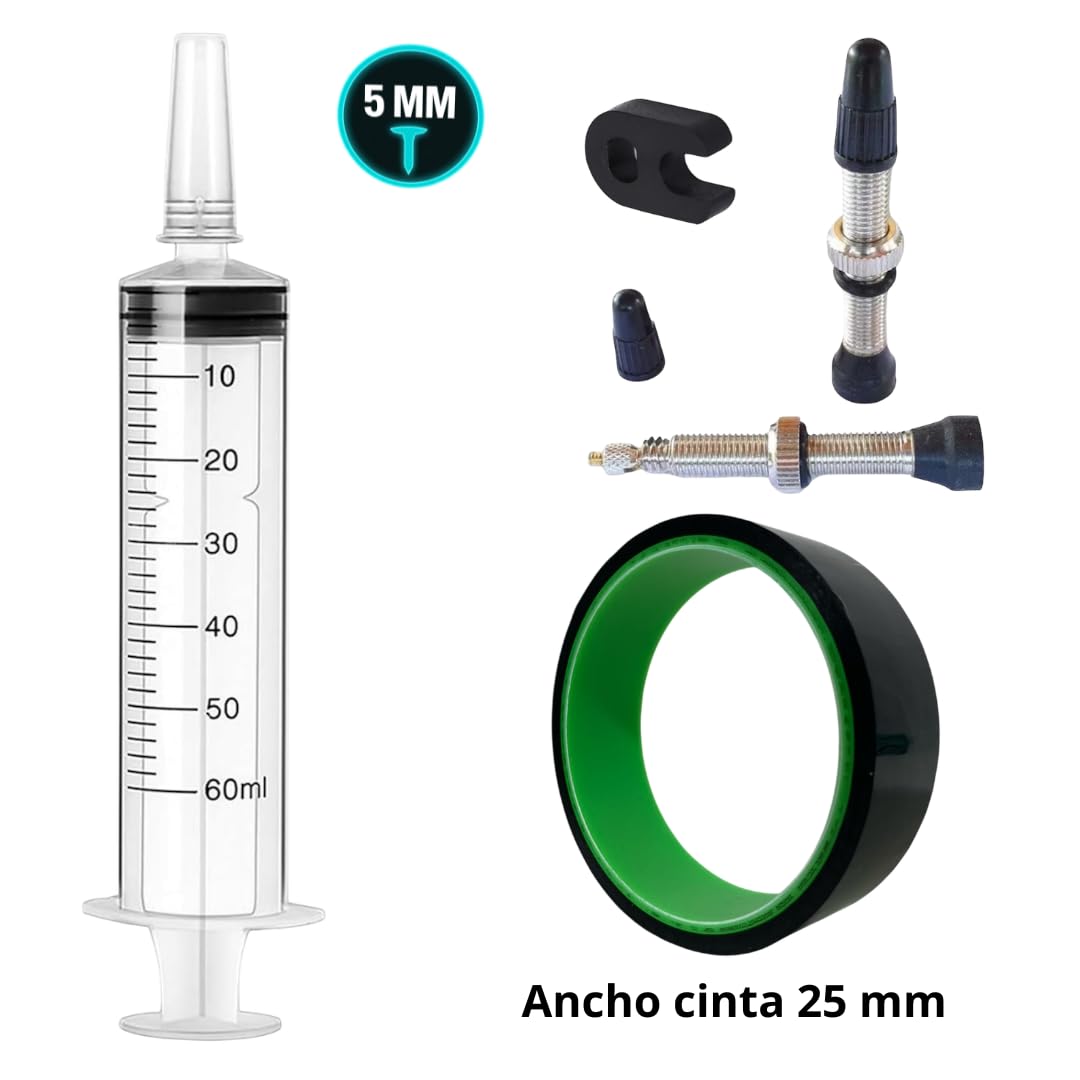 Kit para tubelizar 2 Ruedas Completo con liquido,valvulas Presta,Kit dosificacion y Cinta de 25mm